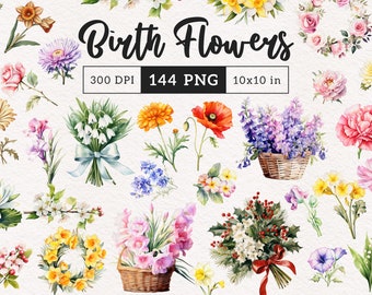 Ramo de flores de nacimiento PNG Mes de nacimiento Clipart Acuarela y estilo vintage mes de nacimiento flores clipart ilustración cumpleaños flor impresión DIY