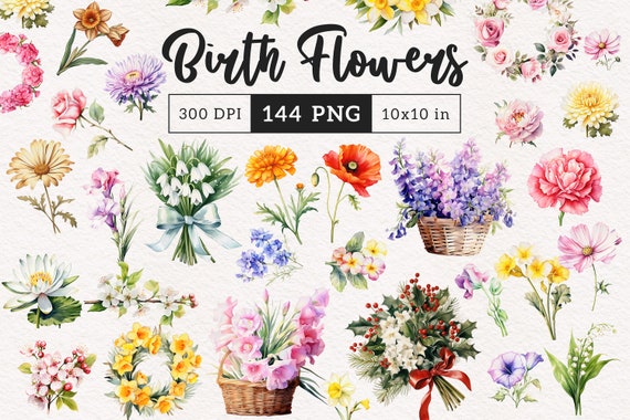 Birth Flower bouquet PNG Birth month Clipart Watercolor & Vintage style birth month flowers clipart illustration Birthday flower Print DIY