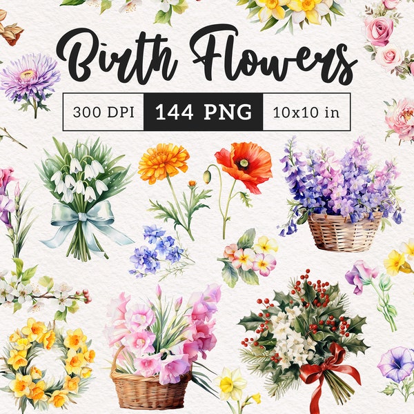 Birth Flower bouquet PNG Birth month Clipart Watercolor & Vintage style birth month flowers clipart illustration Birthday flower Print DIY