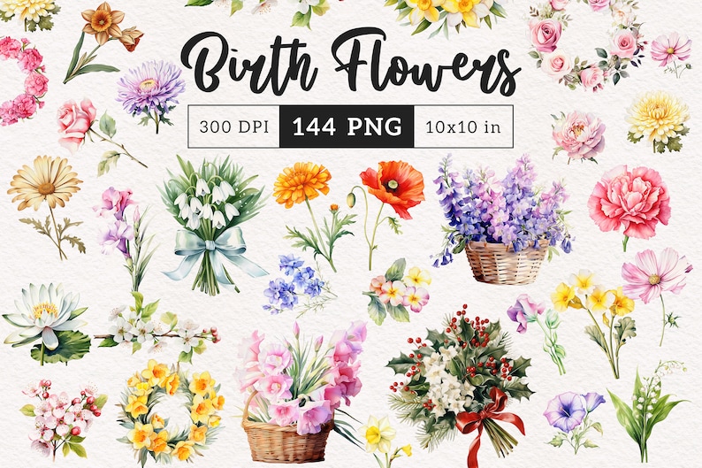 Op de afbeelding: Een verzameling van 144 aquarel illustraties van verschillende bloemen, waaronder rozen, madeliefjes, lelies en meer. De bloemen zijn gerangschikt in boeketten, kransen en individuele stelen. De illustraties zijn perfect voor het maken van digitale of gedrukte ontwerpen.