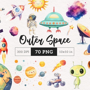 Clipart spaziale Acquerello Astronauta Asilo Nido Pianeti Razzo Bambini Stampe artistiche Sistema solare Alieno PNG Galassia Album digitale Uso commerciale