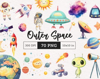 Space Clipart Watercolor Astronaut Nursery Planets Rocket Kids Art Prints Solar System Alien PNG Galaxy Scrapbook Digital Commercial use