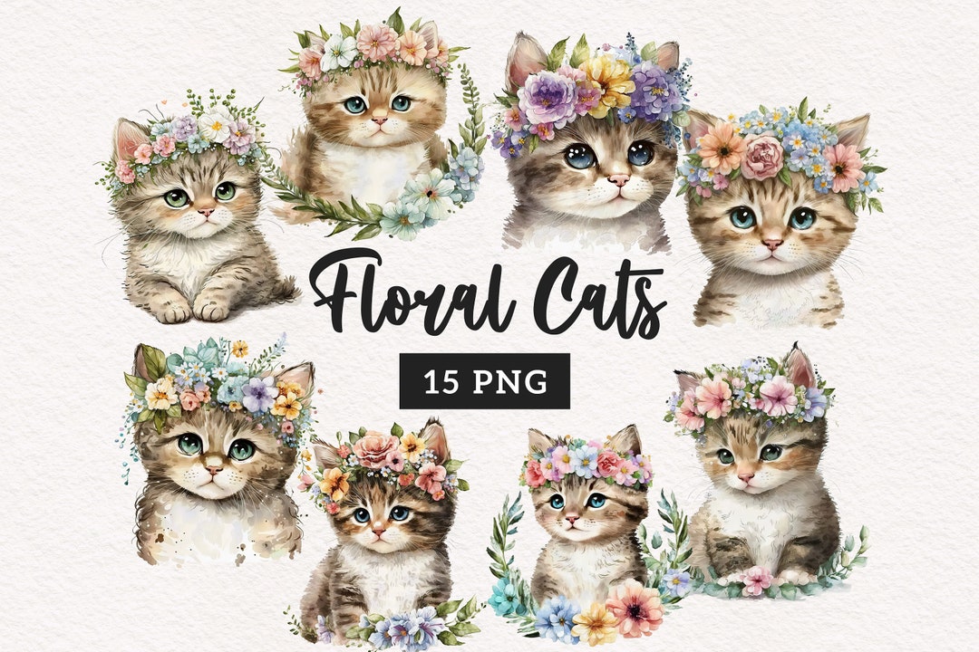 Floral Cat Clipart PNG Cats Watercolor Flower Crown Cute Baby Kitten ...