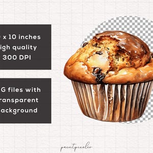 May include: A watercolor illustration of a chocolate chip muffin with a brown, glossy top. The muffin is in a paper liner and has a light brown color.