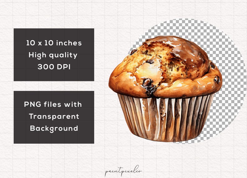 May include: A watercolor illustration of a chocolate chip muffin with a brown, glossy top. The muffin is in a paper liner and has a light brown color.