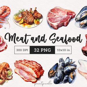 Viande et fruits de mer Clipart plats PNG aliments non cuits graphiques crus bacon crabe illustration non végétarienne papier scrapbooking art mural imprimable
