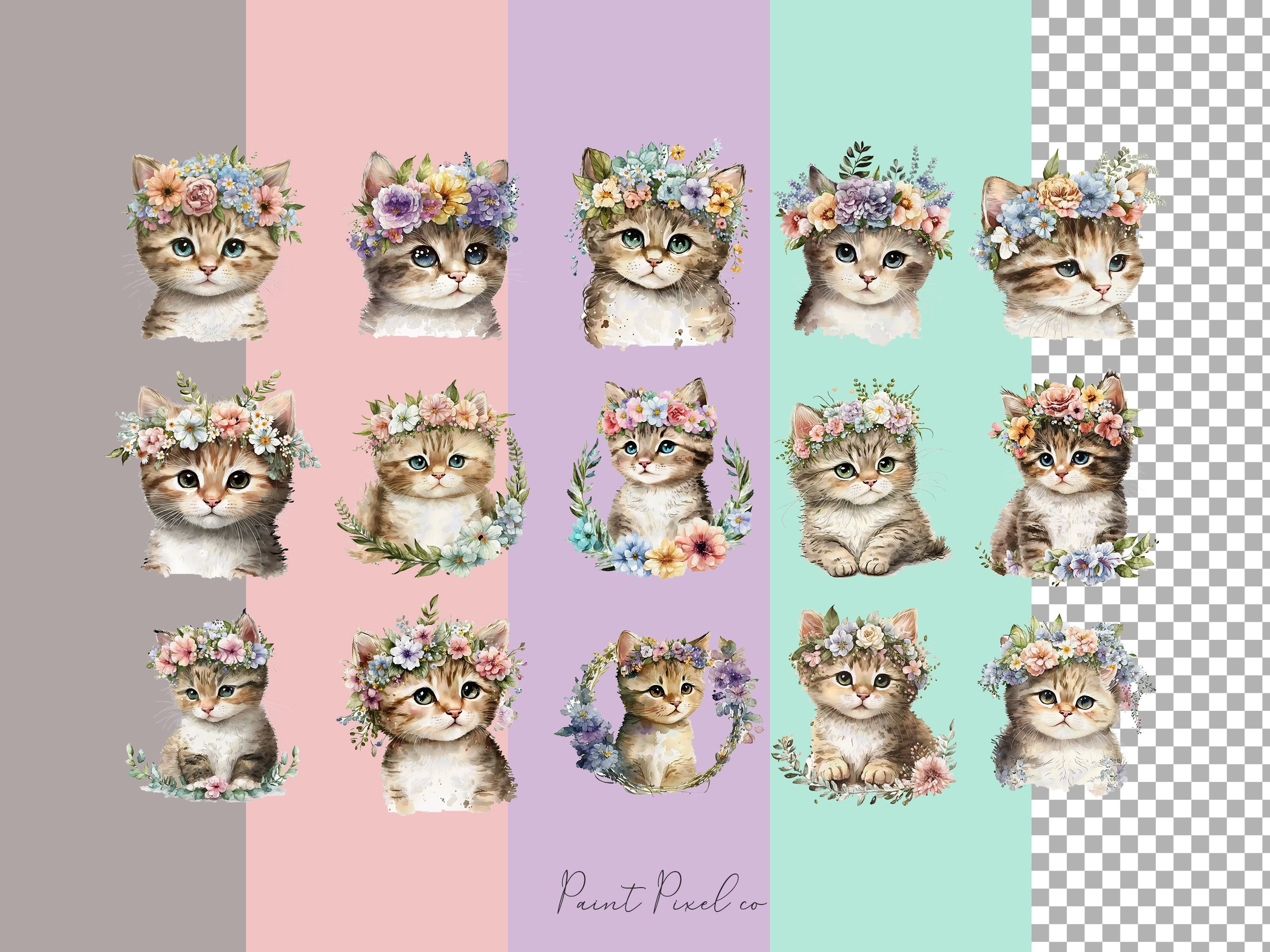Floral Cat Clipart PNG Cats Watercolor Flower Crown Cute Baby Kitten ...
