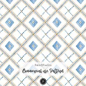 Könnte beinhalten: Ein sich wiederholendes Muster auf weißem Hintergrund mit einem Gitter aus hellblauen und beigen diagonalen Linien. Das Design enthält abwechselnde hellblaue Rauten und kleine blaue gepunktete Kreuze. Der Text lautet PaintPixelco Commercial use Pattern.