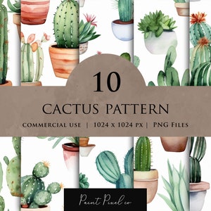 Cactus Modello senza cuciture Design ripetuto PNG Design del tessuto Tessile carta sublimazione piante carine foglia fogliame Modelli digitali 1024x1024