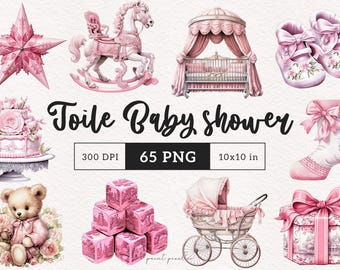 Pink Toile Baby Shower Clipart Chinoiserie PNG Watercolor Baby on the Way French Pink Nursery Toile De Jouy little girl graphics Printable
