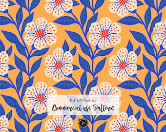 Bold Dopamine Floral Pattern Retro Wildflower Seamless Botanical Design Rustic Digital Paper Background (Commercial Use) (Digital Download)