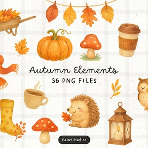 May include: A collection of watercolour illustrations featuring autumn-themed elements such as a pumpkin, mushrooms, leaves, and a hedgehog. The text reads "Autumn Elements 36 PNG FILES". The image has a warm colour palette.
