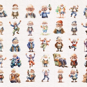 May include: A collection of watercolor illustrations featuring various depictions of older men in different poses and activities. The illustrations are done in a whimsical style with bright colors and playful details.