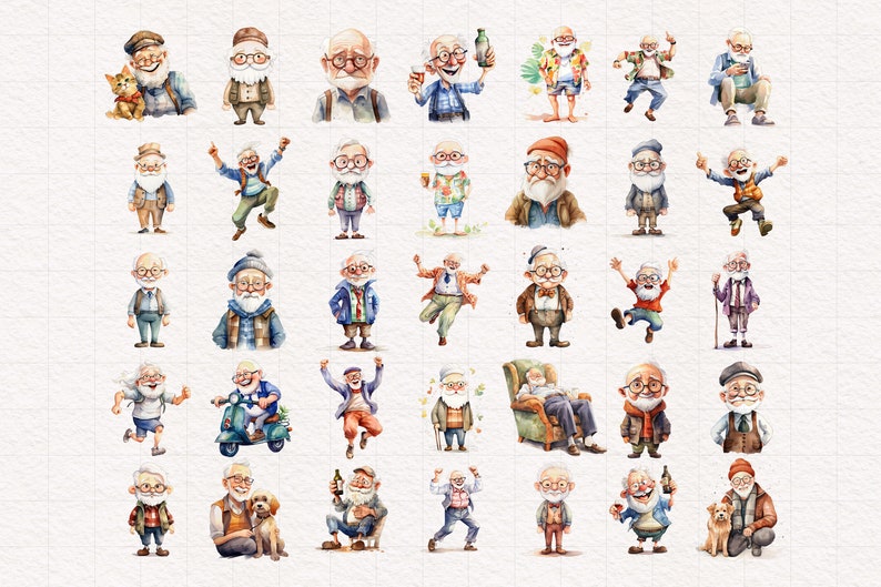 May include: A collection of watercolor illustrations featuring various depictions of older men in different poses and activities. The illustrations are done in a whimsical style with bright colors and playful details.