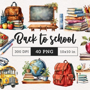 Terug naar school clipart PNG aquarel klas illustratie educatief Schoolbenodigdheden Clip art onderwijs graphics Sublimatie PNGs Student