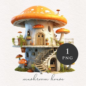 Toadstool house Aquarelle Champignon PNG clipart Orange Fantasy illustration graphique Sublimation Transfer Journal PNGs Imprimable Conte de fées