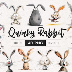 Coniglio eccentrico Clipart PNG Coniglietto stravagante ClipArt di sublimazione Grafica di Woodland Whimsy Farm Divertente faccia di lepre allungata Illustrazione sciocca