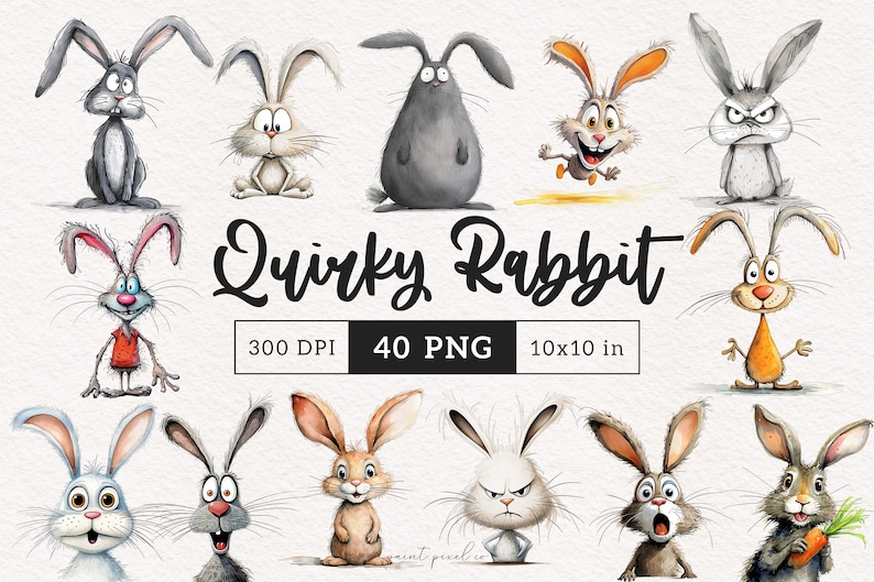 May include: A set of 40 quirky rabbit illustrations in PNG format. The rabbits are drawn in a watercolor style and have a variety of expressions and poses. The illustrations are 300 DPI and 10x10 inches.