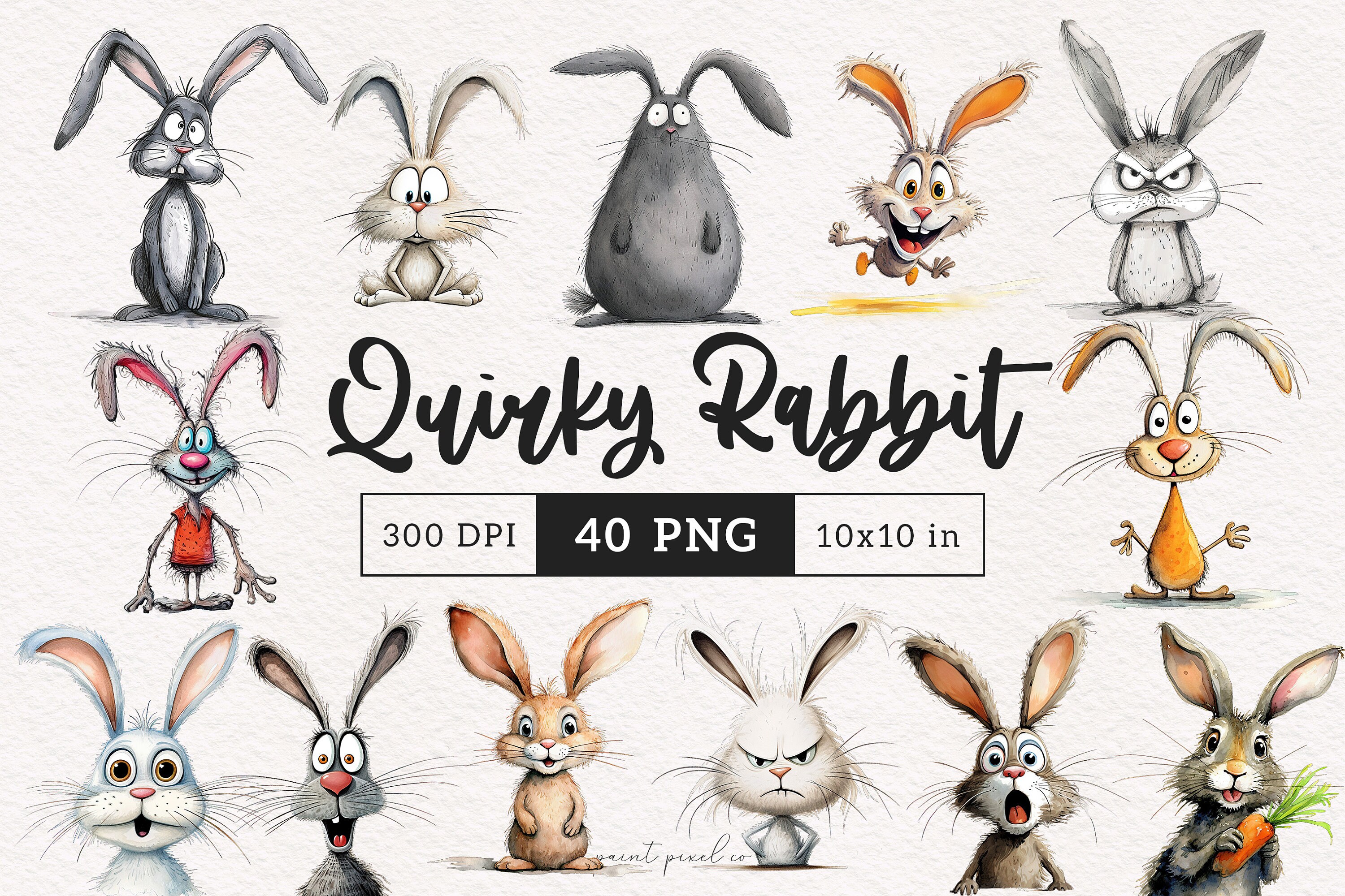 Quirky Rabbit Clipart PNG Whimsical Bunny Sublimation Clip Art