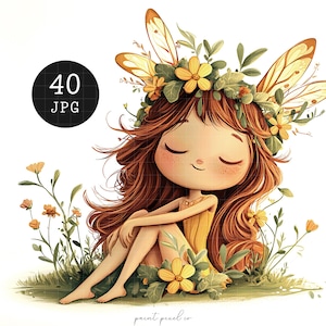 Frühling Feen Clipart bezaubernde Frühlingsfee wunderliche druckbare Sommer Kinderzimmerdekor Niedliche Kawaii Sublimationskarte, die Mixed Media JPGs macht