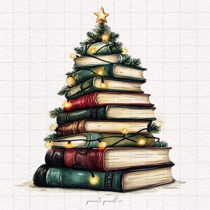 22 Decoupage Libro Árbol de Navidad Clipart Árbol de Navidad PNG Sublimación Libro antiguo Amante de los libros Ratón de biblioteca Regalo de Navidad para profesores Diario basura