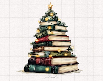 May include: A Christmas tree made of stacked books with a star on top and string lights wrapped around the books.