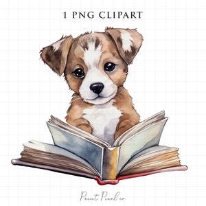 Dog Clipart PNG watercolor dog bookworm clipart Reading Puppy PNG Cute Clipart Sublimation card making scrapbook paper craft commercial use