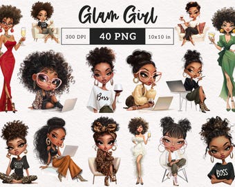 African American Girl Fashionable Black Girl clipart Afro Boss Lady Sublimation Queen Mode Self-made graphics commercial use Digital Sticker
