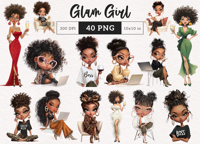 May include: Digital art print featuring multiple illustrations of stylish women in various poses. The women are depicted with dark skin, curly hair, and fashionable attire. The text "Glam Girl" is at the top, along with other details.