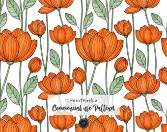 Orange Floral Whimsy Print Pattern – Cottagecore Folk Art Botanical Design (Commercial Use)(Digital Download)