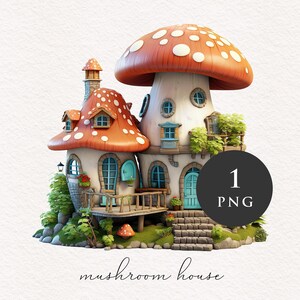 Toadstool house Aquarelle Champignon PNG clipart Red Fantasy illustration graphique Sublimation Transfer Journal PNGs Imprimable Conte de fées