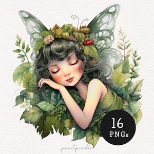 Forest Fairy Clipart Whimsical woodland fairies PNG Green nymph Fantasy illustration Nursery decor Paper Crafting Scrapbook Junk Journal