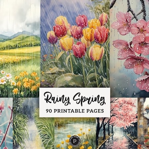 Puede incluir: Una colección de pinturas a la acuarela que representan escenas de primavera. Las imágenes incluyen campos de flores, tulipanes, flores de cerezo y un pueblo europeo. El texto "Rainy Spring" y "90 Printable Pages" se muestra en el centro.