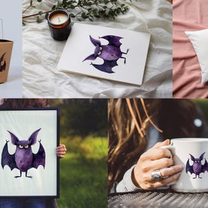 Puede incluir: Un conjunto de ilustraciones de acuarela que presentan un murci&eacute;lago morado con ojos grandes y una sonrisa burlona. El murci&eacute;lago se muestra en varias poses, incluyendo volar, estar de pie y sostener una calabaza. Las ilustraciones son perfectas para decoraciones de Halloween, tarjetas y manualidades.