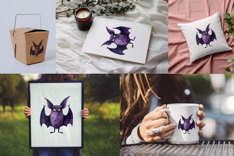 Puede incluir: Un conjunto de ilustraciones de acuarela que presentan un murci&eacute;lago morado con ojos grandes y una sonrisa burlona. El murci&eacute;lago se muestra en varias poses, incluyendo volar, estar de pie y sostener una calabaza. Las ilustraciones son perfectas para decoraciones de Halloween, tarjetas y manualidades.
