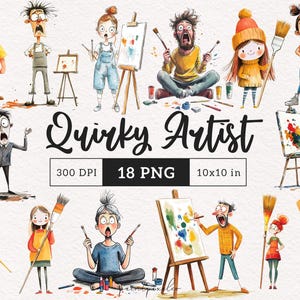 May include: A set of 18 digital illustrations of quirky artists, each with unique personalities and styles. The illustrations feature various characters holding paintbrushes, palettes, and canvases. The text "Quirky Artist" is displayed at the bottom of the image, along with the details "300 DPI, 18 PNG, 10x10 in".
