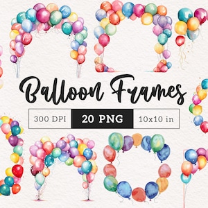 Aquarell Geburtstag Ballon Borders & Rahmen Clipart PNG Regenbogen Ballons Kranz Geburtstag Dekor Sublimation Clip Art Grafik Illustration