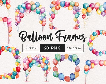 Könnte beinhalten: Ein Set mit 20 digitalen Aquarell-Ballonrahmen in verschiedenen Farben und Formen. Die Rahmen sind 25,4 cm x 25,4 cm groß und haben eine Auflösung von 300 DPI. Die Rahmen eignen sich perfekt, um Ihren Designs eine festliche Note zu verleihen.
