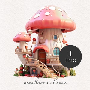 Toadstool house Aquarelle Champignon PNG clipart Pink Fantasy illustration graphique Sublimation Transfer Journal PNGs Imprimable Conte de fées