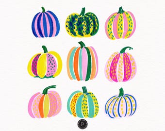 Whimsical Pumpkin PNG, Preppy Pumpkin Clipart, Watercolor Gouache Style Illustration Vibrant Clipart - Print on demand