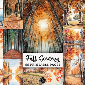 May include: A collage of watercolor paintings depicting various fall scenes. The images showcase autumnal landscapes with trees, pathways, and bodies of water, all in warm hues of orange, red, and yellow. Text reads "Fall Scenery 55 Printable Pages."