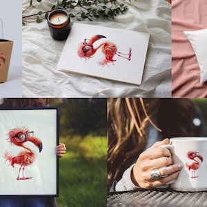 May include: A set of illustrations featuring a pink flamingo wearing glasses. The flamingo is depicted in various poses on a mug, pillow, tote bag, and print.