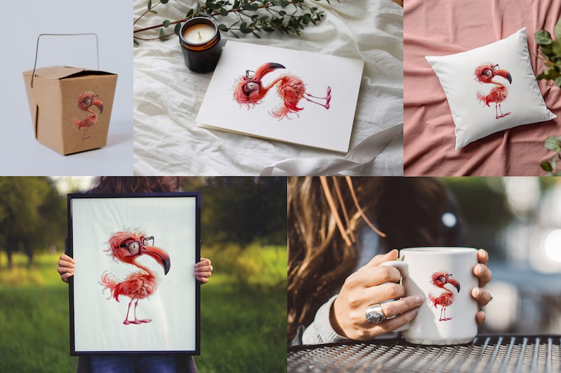 May include: A set of illustrations featuring a pink flamingo wearing glasses. The flamingo is depicted in various poses on a mug, pillow, tote bag, and print.