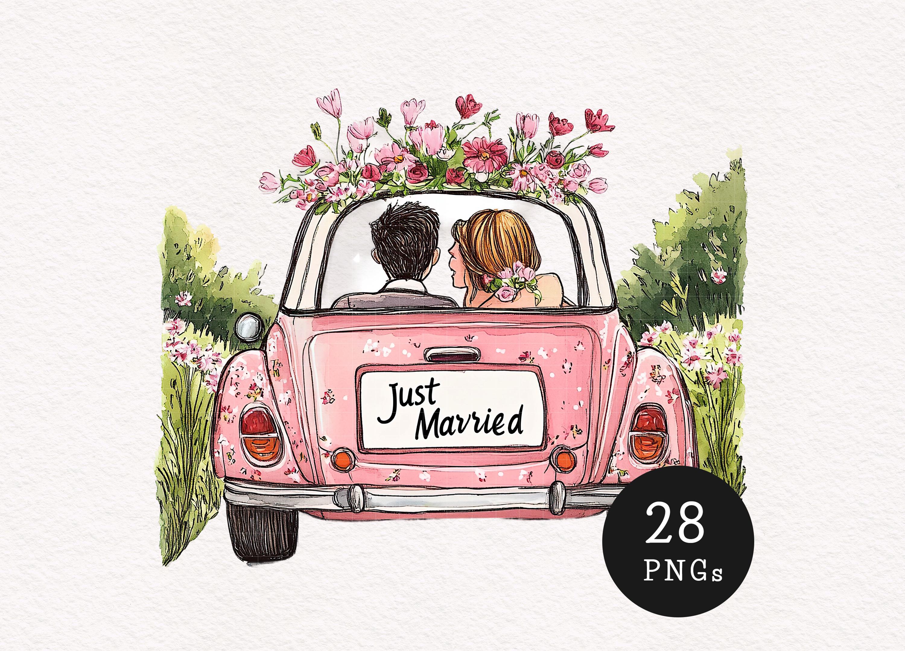 Just Married Car Clipart Whimsical Newly Wed Car PNG Cute Couple ...