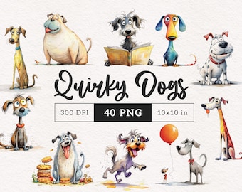 Quirky Dog Clipart PNG Bundle Whimsical Dogs Sublimation clip art animales Cachorro Gráficos caprichosos Mascotas divertidas ilustración de perro alargada