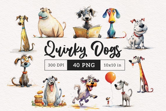 Quirky Dog Clipart PNG Bundle Whimsical Dogs Sublimation clip art animals Puppy Whimsy graphics Funny Pets elongated dog illustration