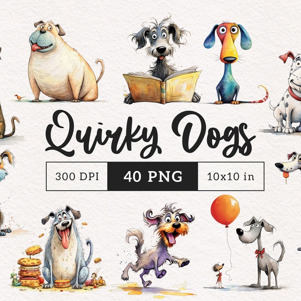 Schrullig Hund Clipart PNG Bundle Skurril Hunde Sublimation Clip Art Tiere Welpe Whimsy Grafiken Lustige Haustiere längliche Hundeillustration