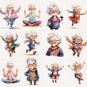 Peut inclure: Un ensemble de 12 illustrations &agrave; l'aquarelle de femmes &acirc;g&eacute;es dans diff&eacute;rentes poses, notamment en train de sauter, de m&eacute;diter et de tenir un verre de vin. Les illustrations sont de style cartoon et pr&eacute;sentent des couleurs vives.