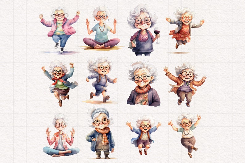 Peut inclure: Un ensemble de 12 illustrations &agrave; l'aquarelle de femmes &acirc;g&eacute;es dans diff&eacute;rentes poses, notamment en train de sauter, de m&eacute;diter et de tenir un verre de vin. Les illustrations sont de style cartoon et pr&eacute;sentent des couleurs vives.