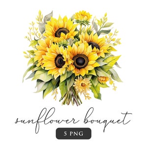 Buquê de girassol clipart PNG floral Clip art aquarela girassóis Verão vintage Arte botânica Casamento rústico PNGs Fabricação de cartões de sublimação